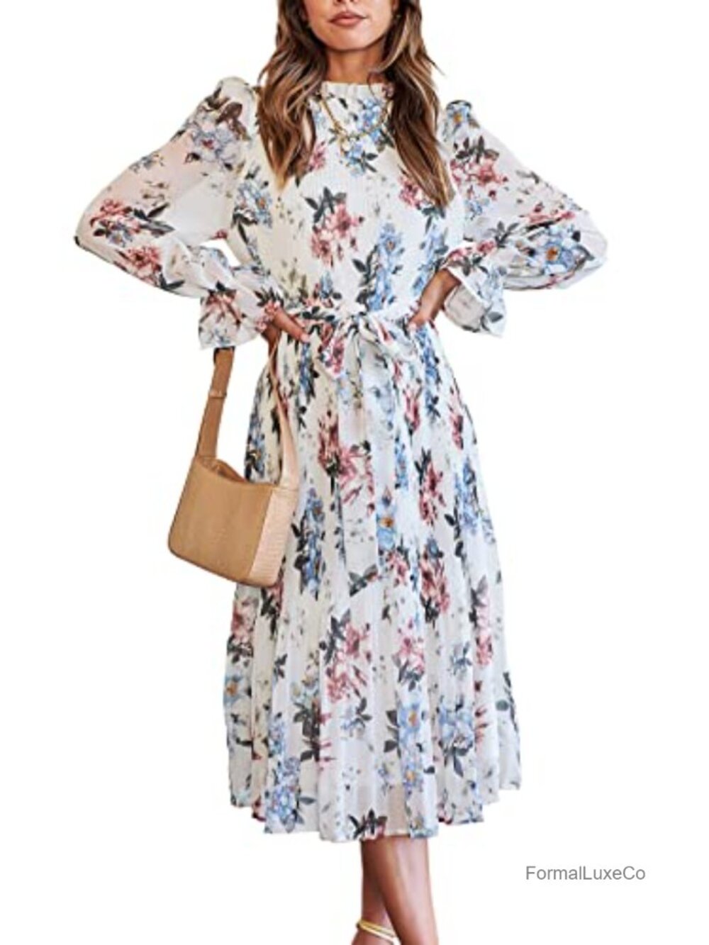 Women's Floral Chiffon Puff Long Sleeve Midi Dress A-Line Wedding Guest